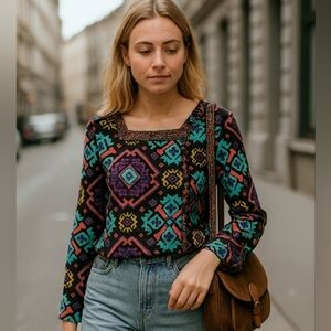 2/$35  RACHEL ROY Multi print Festive Boho Long slv Braided Trim LIKE New Sz S